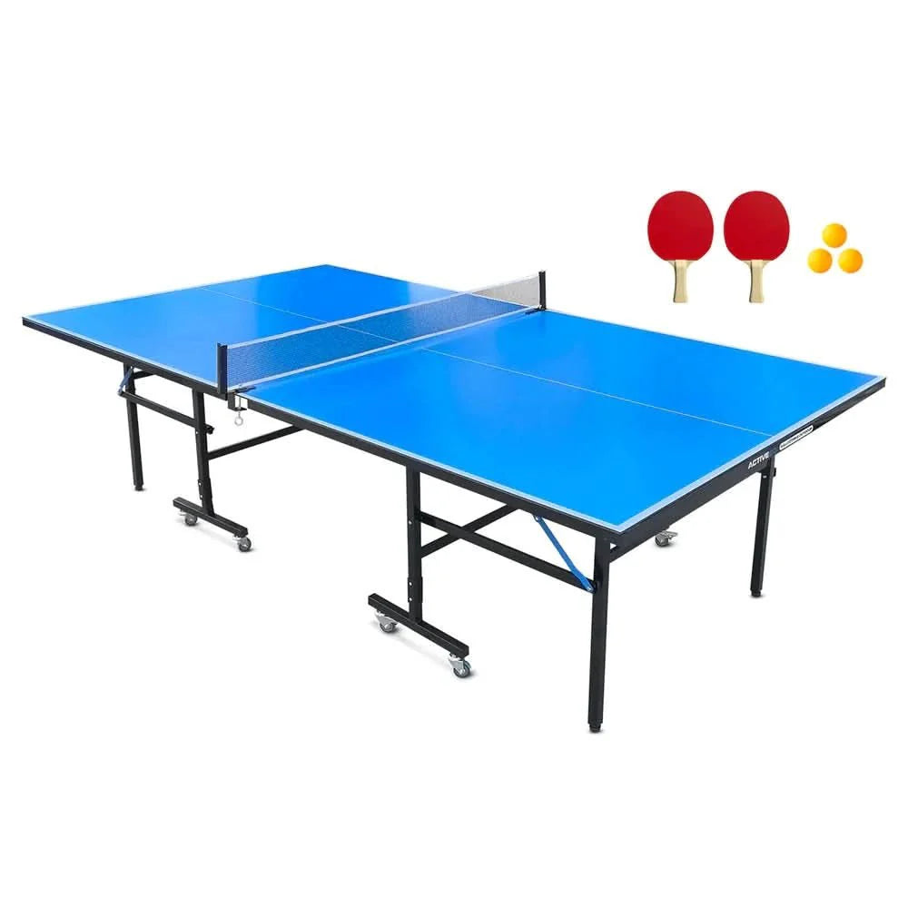 ActiveGo RallyStrike Foldable Steel Framed, Regulation Sized, Outdoor Aluminium Table Tennis Ping Pong Table with Roll Away Design, Bats, Net and Ball Included
