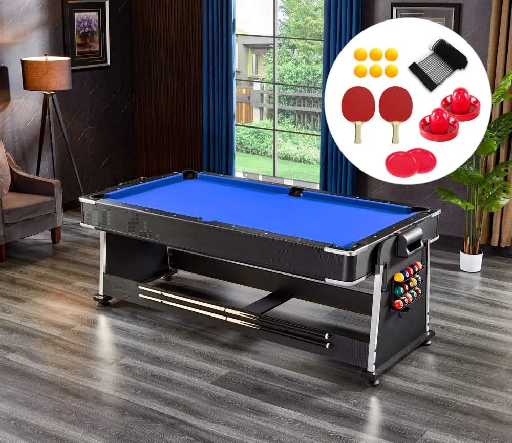 ActiveGo AirShot 4-IN-1 Velvet Cloth Pool Table and Air Hockey Table with Table Tennis and Desktop, Ball and Air Puck Return System and Easy-Flip Design, Full Air Hockey, Billiards Balls and Cues and Table Tennis Bats and Balls Included