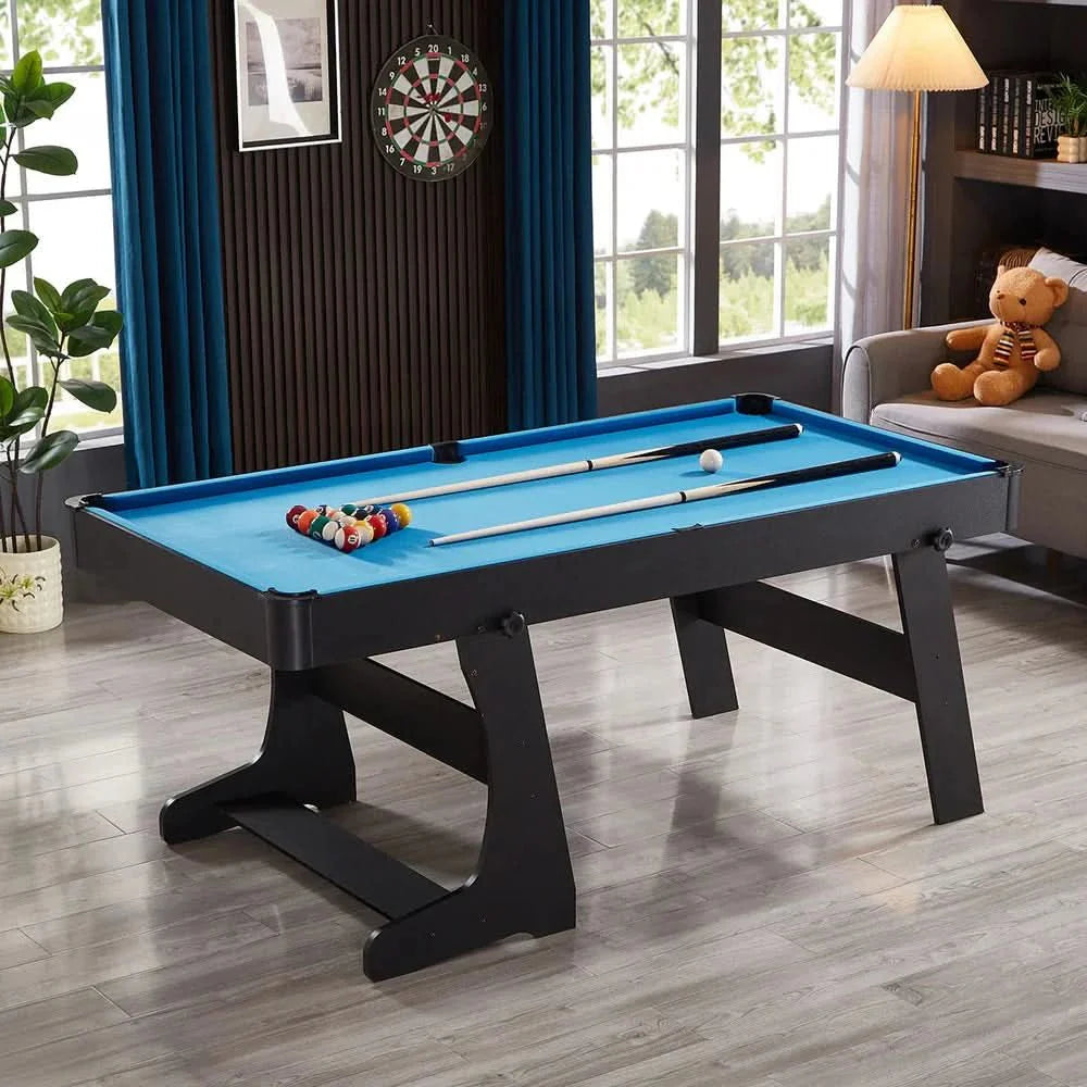 ActiveGo BreakShot Fold Up High-speed blue velvet cloth Pool and Billiards Table, Comes with 8/9 Ball Set, Triangle, 2 Wooden Pool Cues, Surface Brush and 2 Tip Chalks