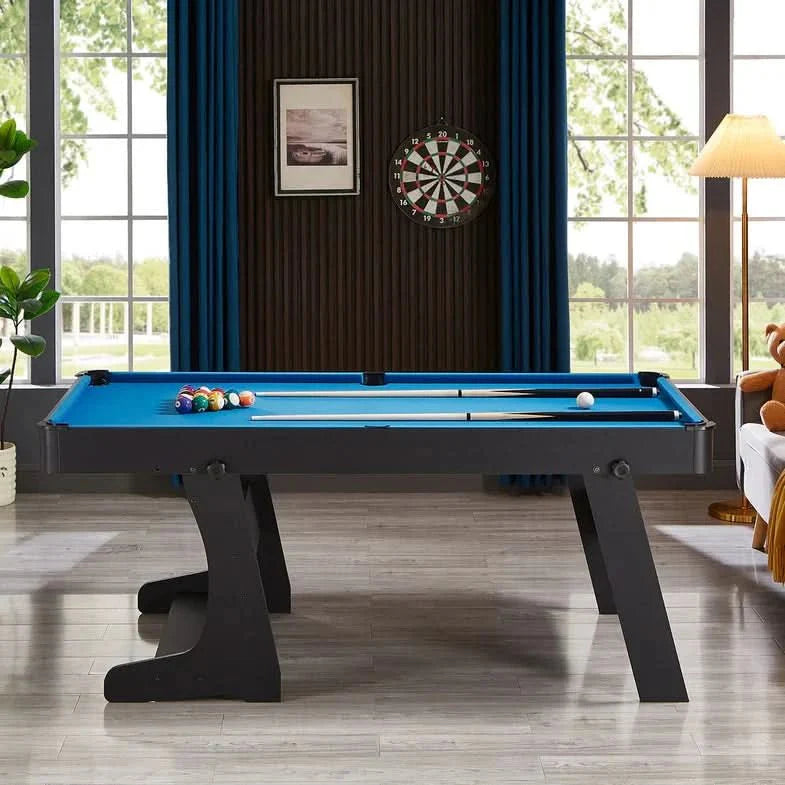 ActiveGo BreakShot Fold Up High-speed blue velvet cloth Pool and Billiards Table, Comes with 8/9 Ball Set, Triangle, 2 Wooden Pool Cues, Surface Brush and 2 Tip Chalks