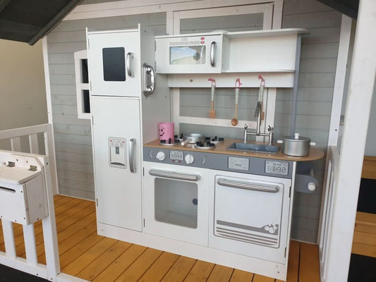 Indoor Large White Wooden Kitchen with Fridge